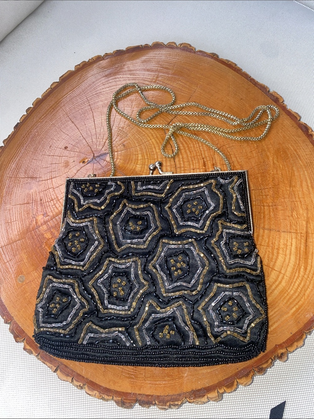Black Beaded Evening Clutch with Gold Accents